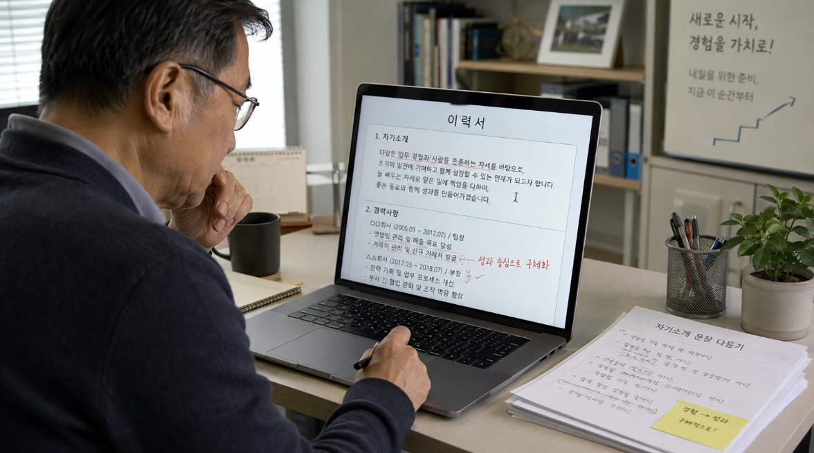 중장년 지원자가 이력서 자기소개와 경력 항목을 수정하며 완성도를 높이는 모습