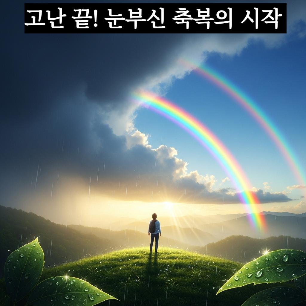 폭우가 그친 뒤 맑은 하늘에 떠오른 선명한 일곱 빛깔 무지개와 이를 바라보는 사람의 희망적인 뒷모습