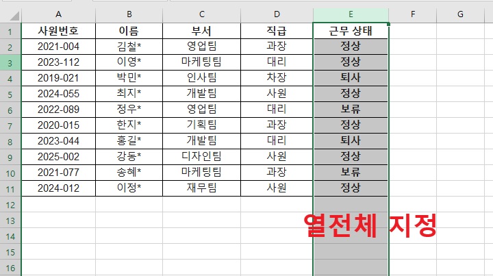 표의 마지막 열 드래그로 지정되어있음