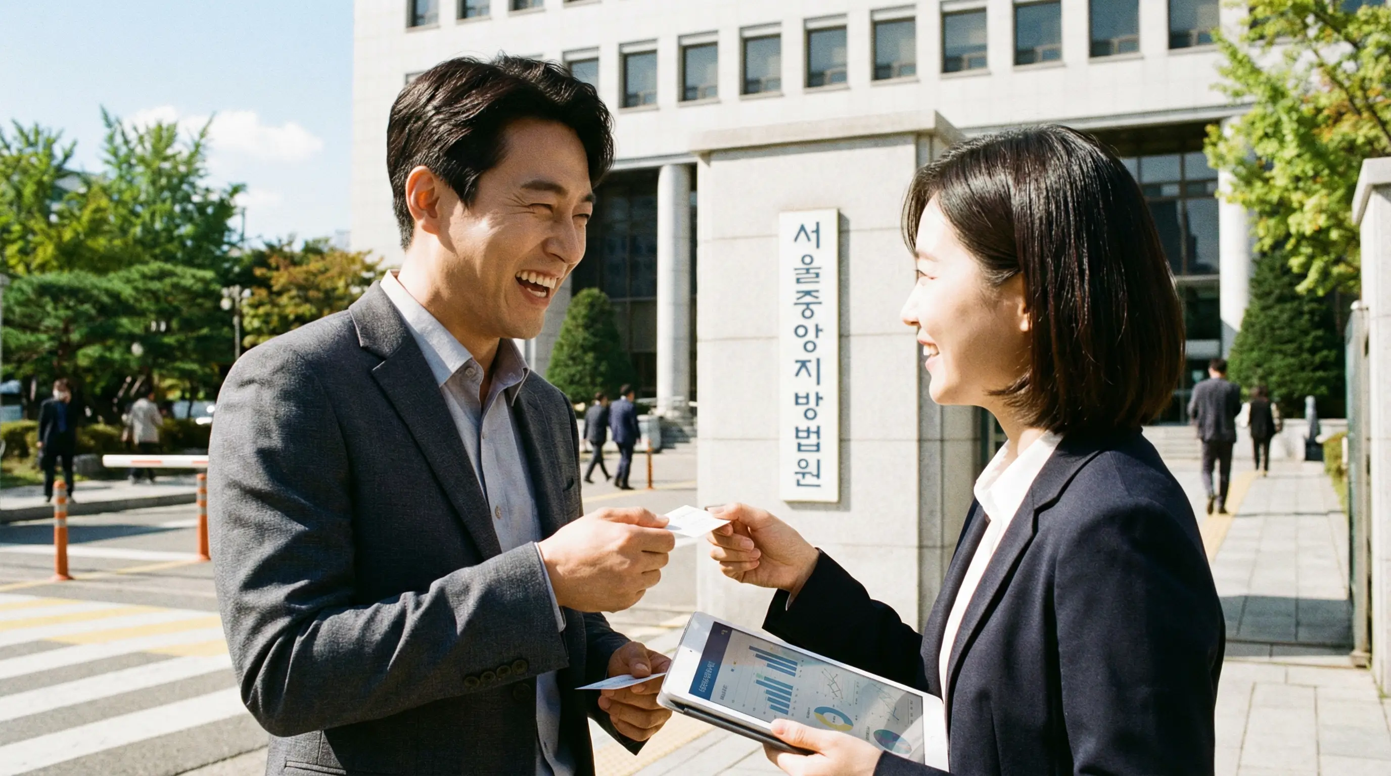 법원 앞에서 대출 상담사와 명함을 주고받으며 자금 계획을 세우는 긍정적인 모습