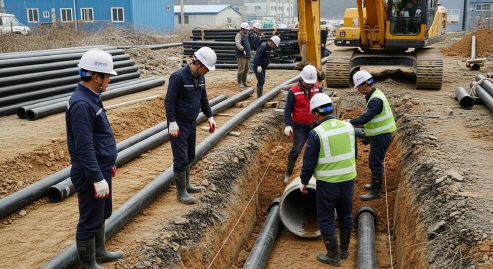 배수관 청소와 점검 작업 중인 모습