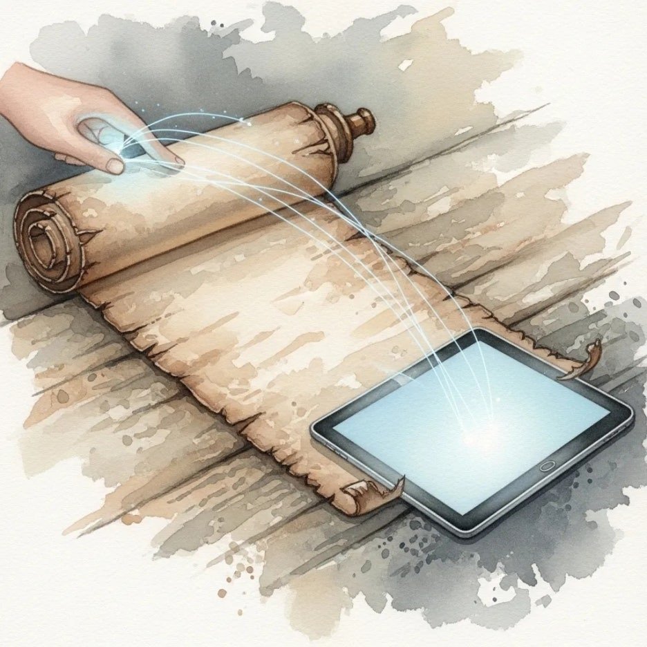 오래된 두루마리와 현대 태블릿이 연결된 모습