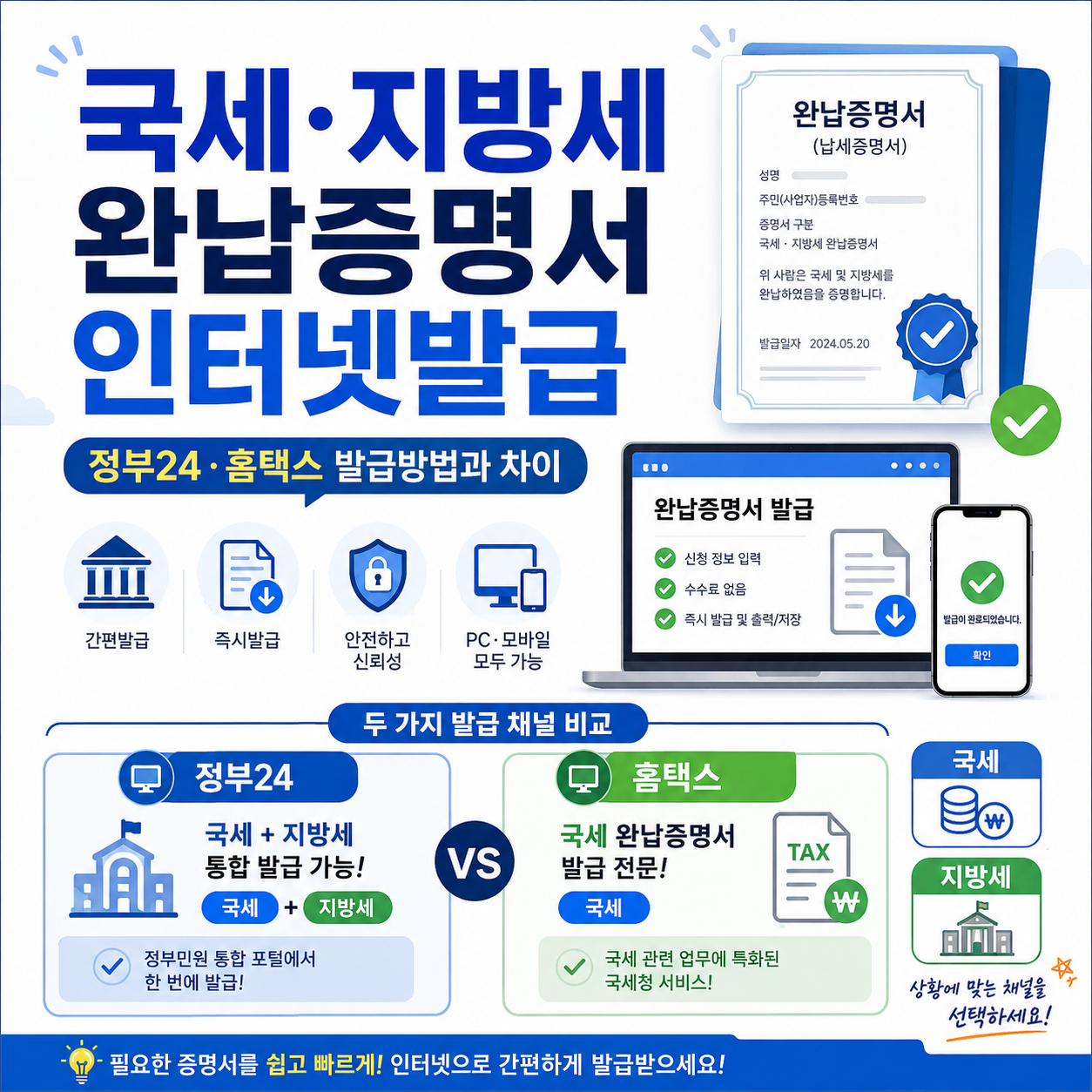 국세·지방세 완납증명서 인터넷발급|정부24·홈택스 발급방법과 차이