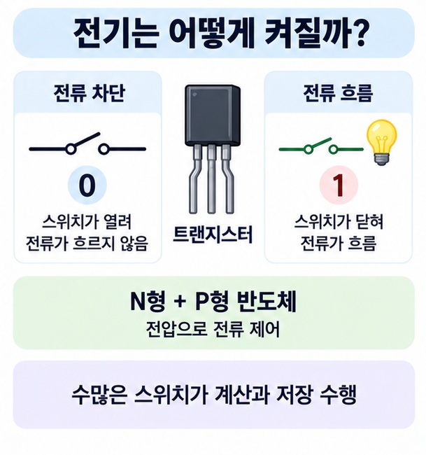 트랜지스터가 전류를 켜고 끄며 0과 1을 만드는 원리 인포그래픽