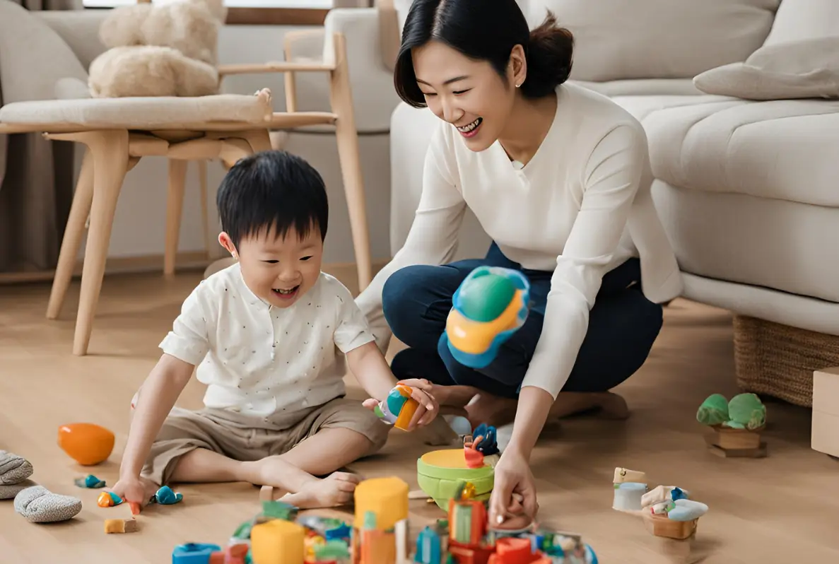 쇼파가-있는-거실에서- 장난감을-가지고-노는-엄마와-남자아이