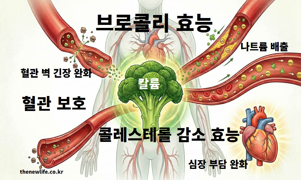 브로콜리 효능의 혈관 보호 및 콜레스테롤 감소를 설명하는 이미지
