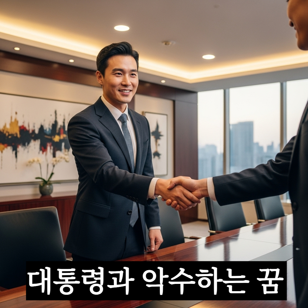 고급스러운 회담장 배경 속에서 대통령과 자신감 넘치는 표정으로 악수하며 성공적인 미래를 약속하는 현대적인 한국인 남성의 모습
