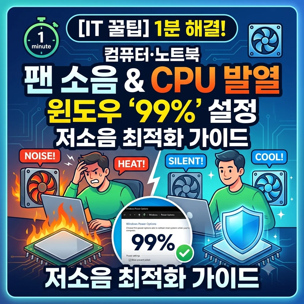 컴퓨터 노트북 팬 소음 굉음 및 CPU 발열 1분 해결 최대 프로세서 상태 99퍼센트 설정 가이드 대표 썸네일
