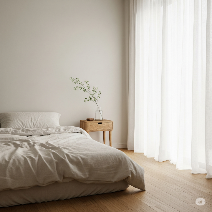 자연적인 질감과 부드러운 조명이 어우러진 고요하고 미니멀한 침실, 단순함과 기능성을 강조한 개인 휴식 공간