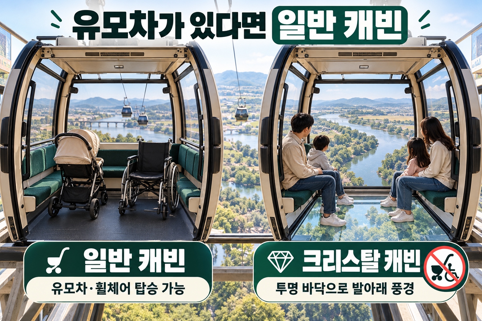 일반 캐빈의 유모차·휠체어 탑승 공간과 크리스탈 캐빈의 투명 바닥을 비교한 그림
