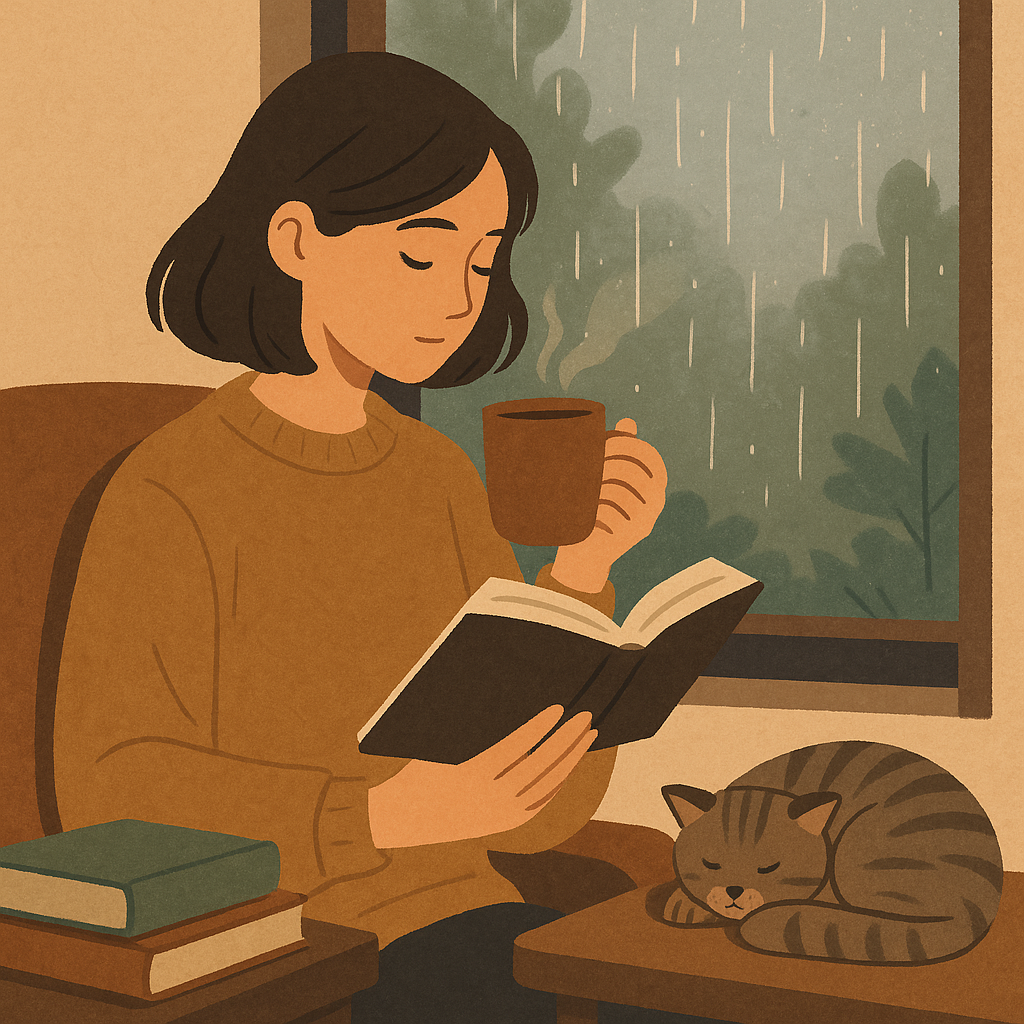 비 오는 날 창가에 앉아 갈색 니트를 입은 여성이 따뜻한 음료를 마시며 책을 읽고 있다. 창밖에는 나뭇잎 위로 빗방울이 떨어지고, 테이블 위에는 고양이가 동그랗게 말린 채 평화롭게 잠들어 있는 포근한 분위기의 일러스트.