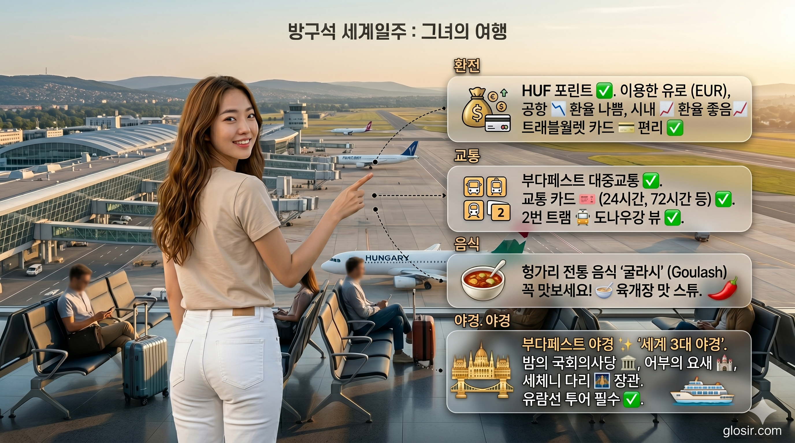웅장한 헝가리 공항 배경으로 베이지색 반팔티, 화이트 청바지를 입고 뒤돌아보며 웃는 한국 여성과 4가지 핵심 여행 꿀팁 정보가 담긴$$방구석 세계일주 그녀의여행$$glosir.com 인포그래픽 배너