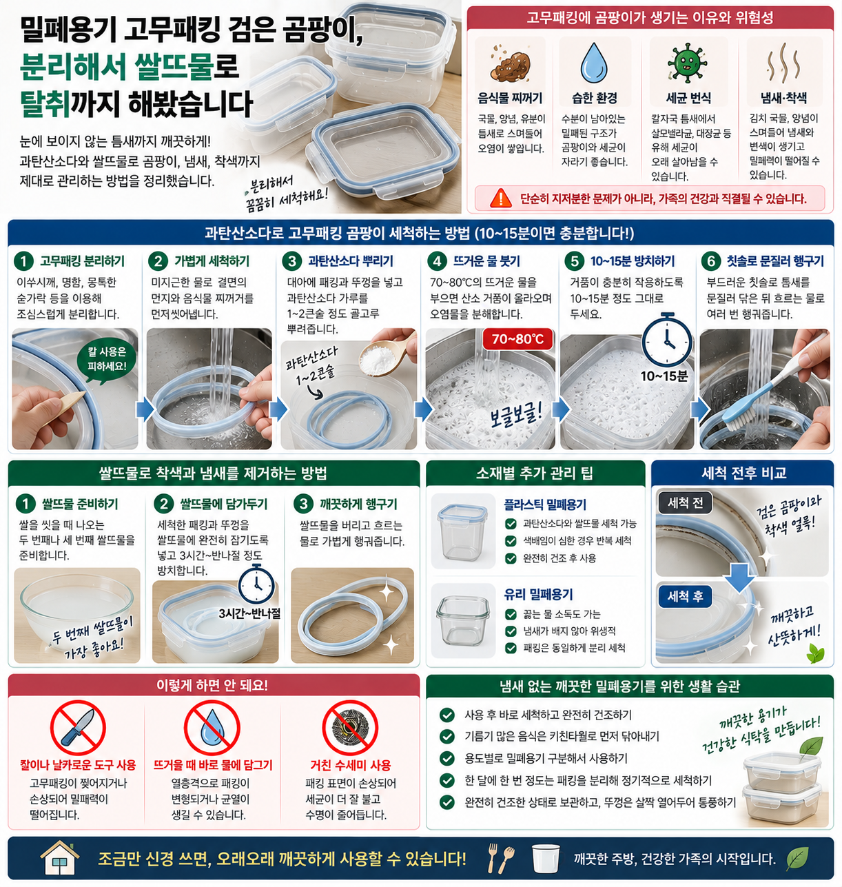 밀폐용기 고무패킹 검은 곰팡이, 분리해서 쌀뜨물로 탈취까지 해봤습니다