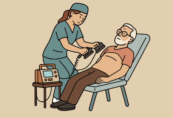 알부민 영양제를 복용 중인 노인과 이를 돕는 간호사 캐릭터 이미지