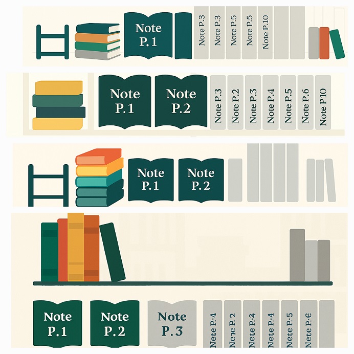 책장에 책이 하나씩 쌓여 있는 구조의 위젯 이미지로, 'Note P.1', 'Note P.2', 'Note P.3'까지 컬러로 표현되어 있고, 이후 'Note P.4'부터 'Note P.10'까지는 회색으로 닫힌 책 형태로 표시되어 있다. 시리즈 콘텐츠의 진행 상황을 시각적으로 보여주는 구조이다.