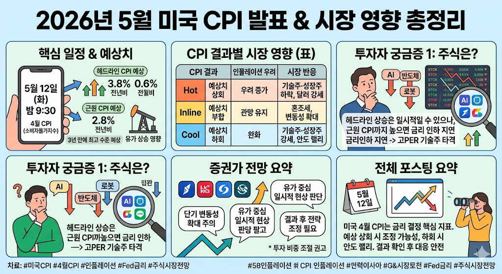핵심 일정 및 예상치: 5월 12일 밤 9시 30분 발표 일정과 함께 전년비 3.8%, 전월비 0.6%라는 구체적인 예상 수치를 시각화했습니다. 유가 상승으로 인해 3년 만에 최고 수준이 예상된다는 점을 강조했습니다.
CPI 결과별 시장 영향: 결과에 따른 세 가지 시나리오(상회, 부합, 하회)를 표 형태로 정리하여 인플레이션 우려 정도와 기술주·성장주의 예상 반응을 한눈에 비교할 수 있게 했습니다.
투자자 주요 궁금증: 유가 급등이 헤드라인 CPI에 미치는 영향과 근원 CPI가 높을 경우 금리 인하가 지연될 수 있다는 점을 AI, 반도체, 로봇 등의 아이콘과 함께 설명했습니다.
증권가 및 투자 전략: 주요 증권사의 '일시적 현상' 판단과 함께, 발표 전 과도한 포지션을 피하고 결과를 확인한 뒤 전략을 조정하라는 권고 사항을 담았습니다.