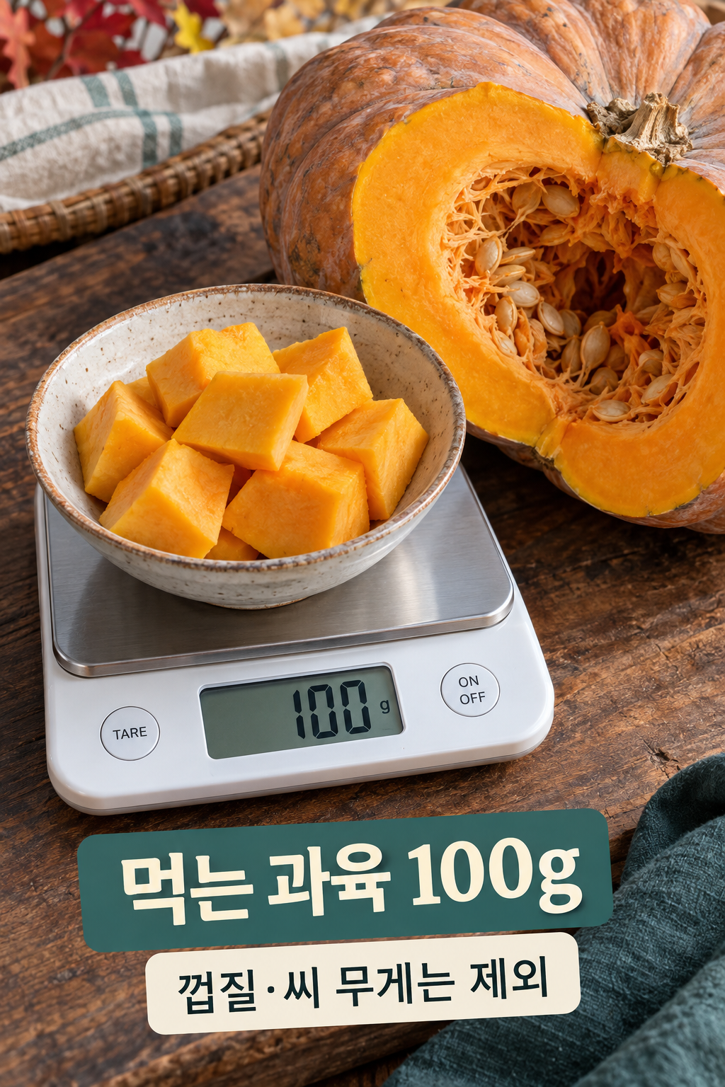 껍질과 씨를 제외한 늙은호박 생과육 100g을 저울에 덜어 놓은 장면.