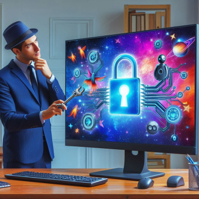 디지털 보안을 연구하는 수트 차림의 전문가.