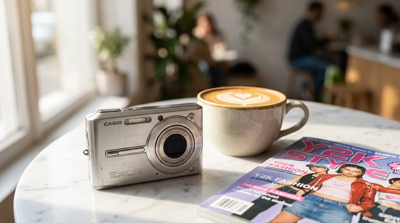 대리석 테이블 위 잡지 및 커피잔과 함께 놓인 빈티지 디카 카시오 엑슬림 EX-S600 실버 모델의 감성적인 라이프스타일 사진.