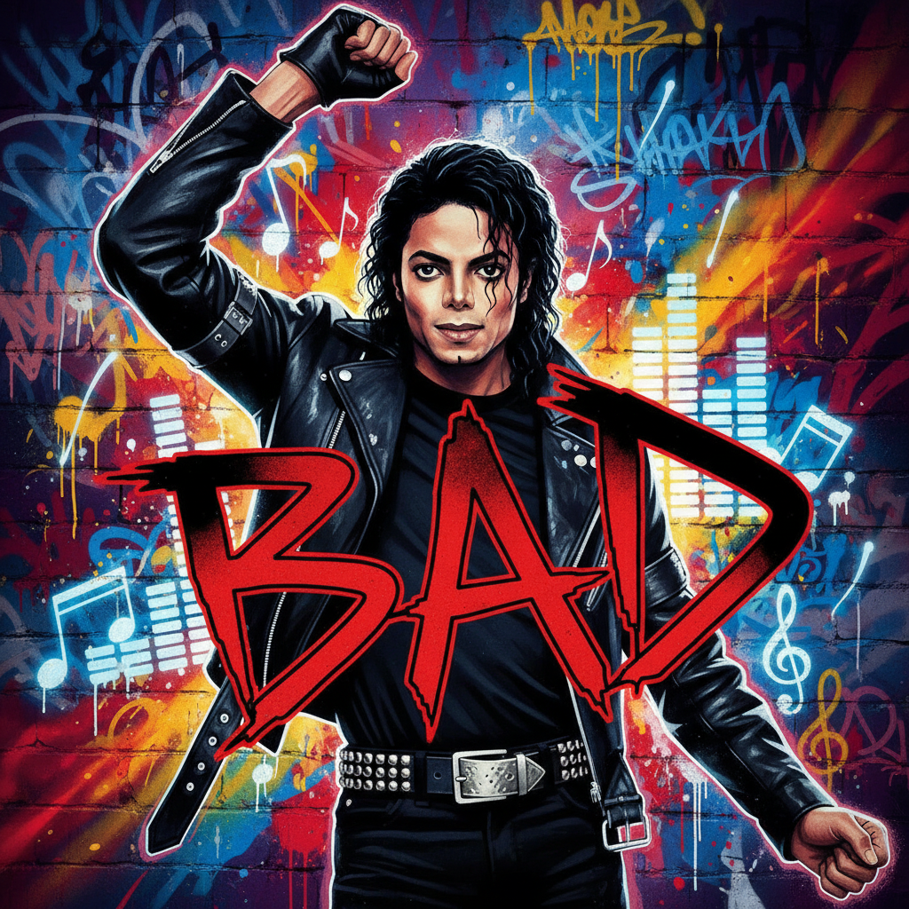 마이클 잭슨의 'Bad' 뮤직비디오에서 카리스마 넘치는 모습. 검은색 가죽 의상을 입고 강렬한 시선을 보내며 자신감을 드러내는 모습.