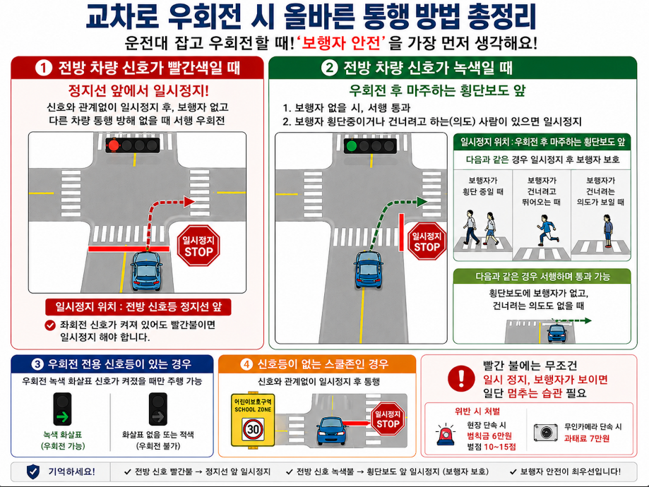 교차로 우회전시 상황별 통행방법 총정리 전방 신호·횡단보도·빨간불 일시정지·보행자 보호·범칙금 단속 기준·벌점·과태료 안내