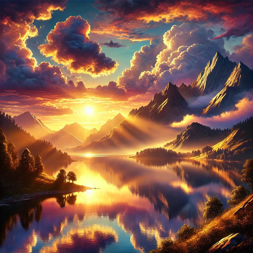 황금빛-햇살-산-호수-고요한-해돋이