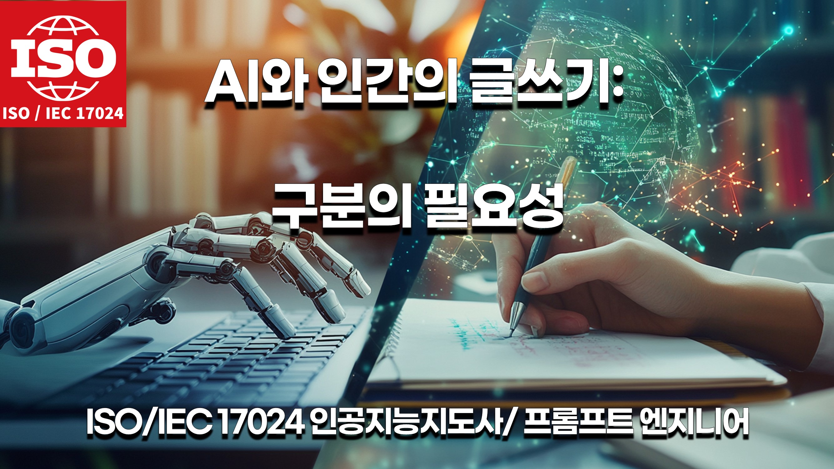 AI와 인간의 글쓰기 대비: 로봇 손의 키보드 타이핑과 인간의 손글씨, 기술과 창의성의 조화