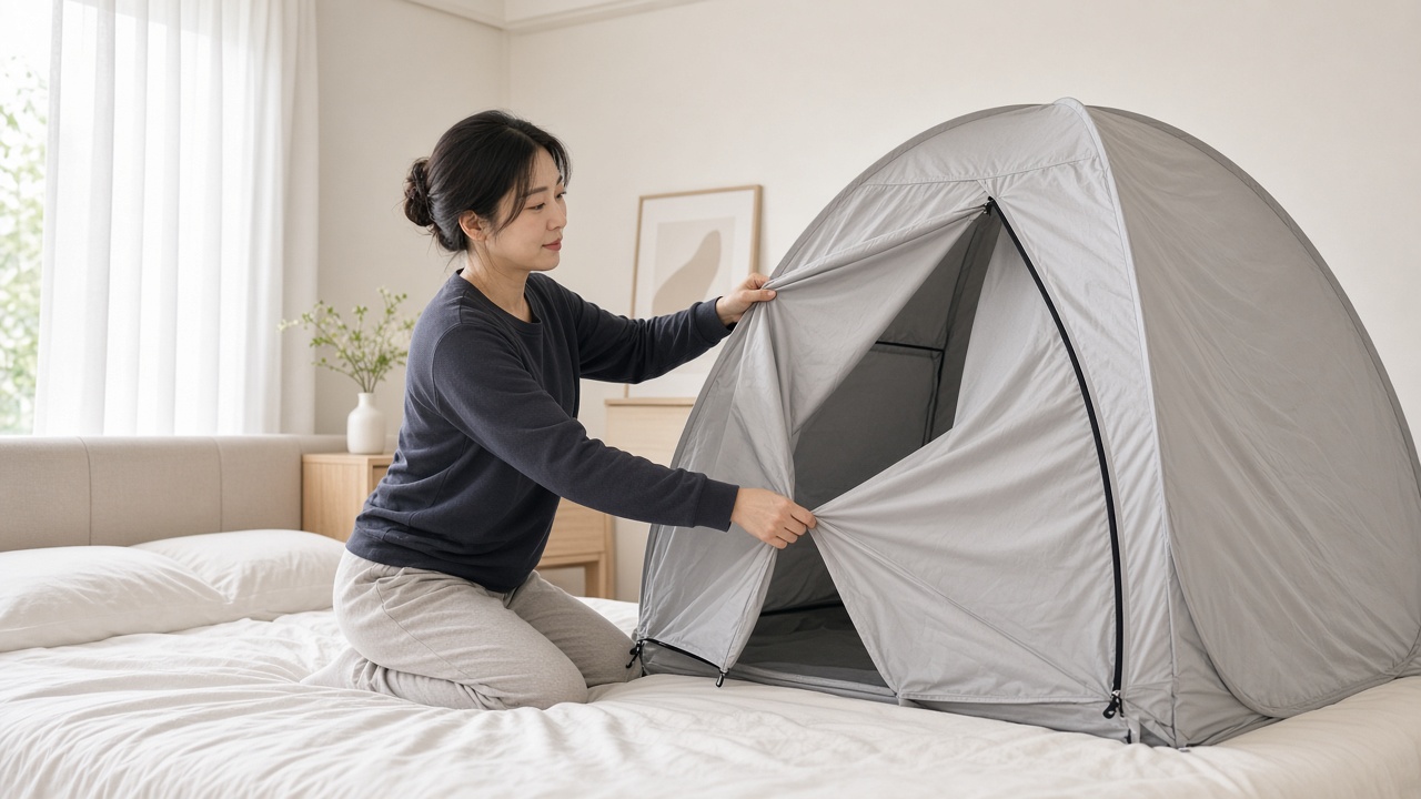 침대 매트리스 위에서 원터치 난방텐트를 펼치는 30대 한국인 여성