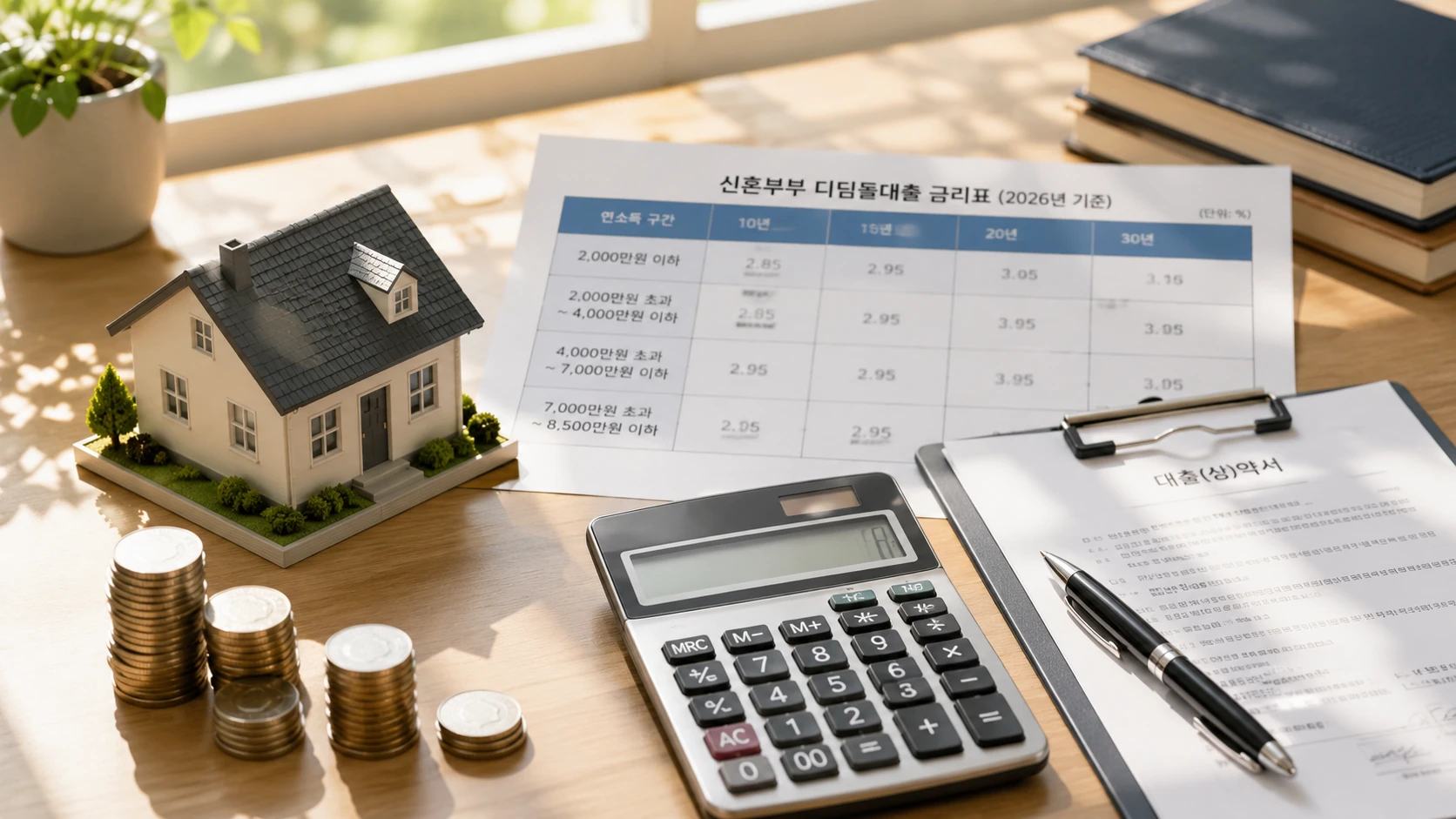 신혼부부 디딤돌대출 금리표와 집 모형, 계산기가 놓인 상담 테이블