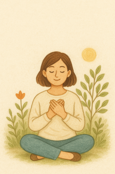 풀밭에 앉아 강한 멘털을 키우고 있는 모습 사진