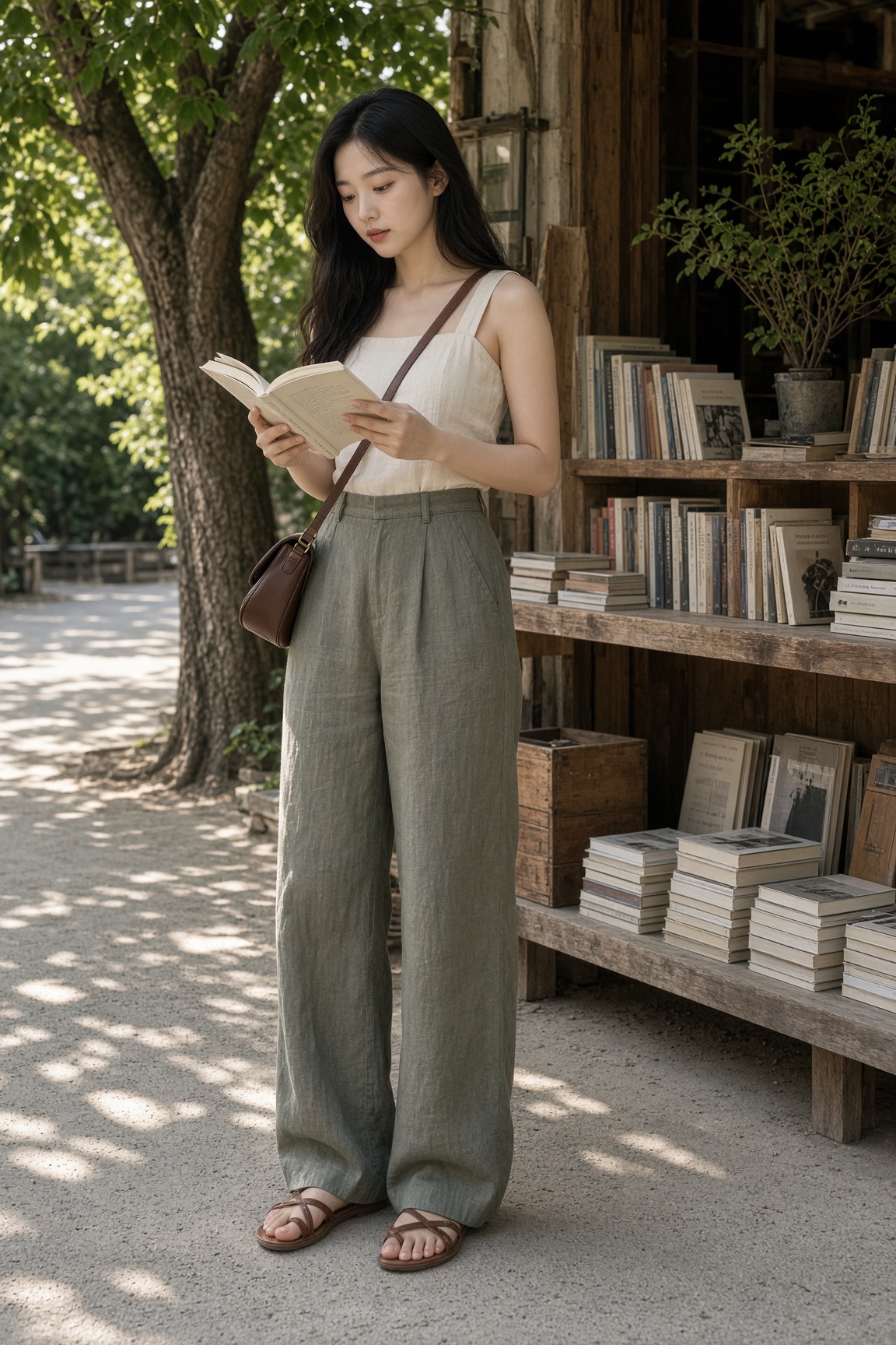 한여름: 스퀘어넥 슬리브리스 + 올리브 리넨 혼방 와이드팬츠에서 옷의 길이와 실루엣이 신체 비율에 미치는 포인트를 보여주는 이미지입니다.