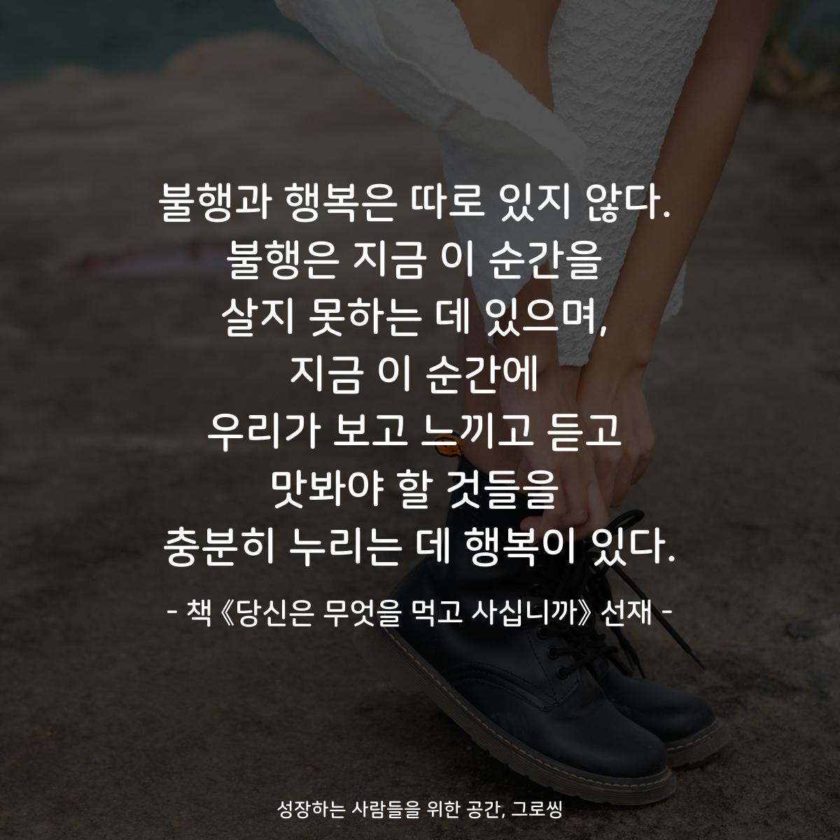 불행과 행복은 따로 있지 않다.
불행은 지금 이 순간을
살지 못하는 데 있으며,
지금 이 순간에
우리가 보고 느끼고 듣고
맛봐야 할 것들을
충분히 누리는 데 행복이 있다.