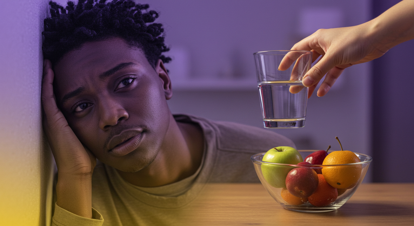 약간 피곤하거나 어지러워 보이는 사람, 아마도 벽에 기대어 서 있는 모습