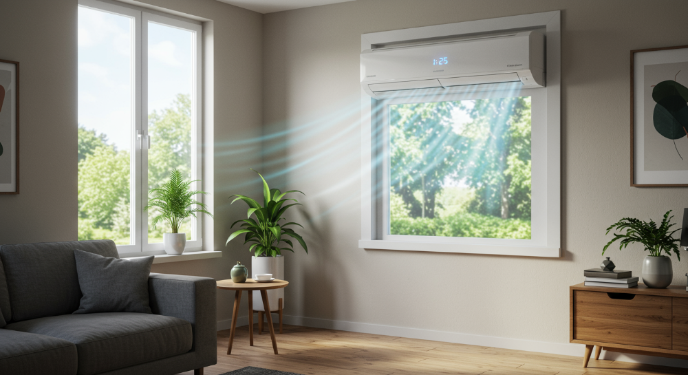 2025년형 창문형 에어컨이 설치된 쾌적한 방의 모습, 창문 밖으로 보이는 푸른 풍경과 실내에 흐르는 시원한 바람이 강조된 이미지