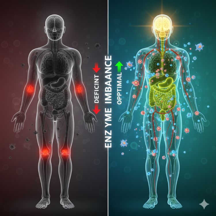 투명한 인체 형상을 중심으로 효소가 부족한 상태를 표현. 소화기는 회색으로 흐리게, 관절 부위는 붉은 염증으로, 뇌는 어두운 색으로, 혈관은 막힌 모습으로 표현. 반대편에는 효소가 풍부한 건강한 상태를 밝고 생생한 색으로 대비시킨 의학적이면서도 교육적인 인포그래픽 이미지