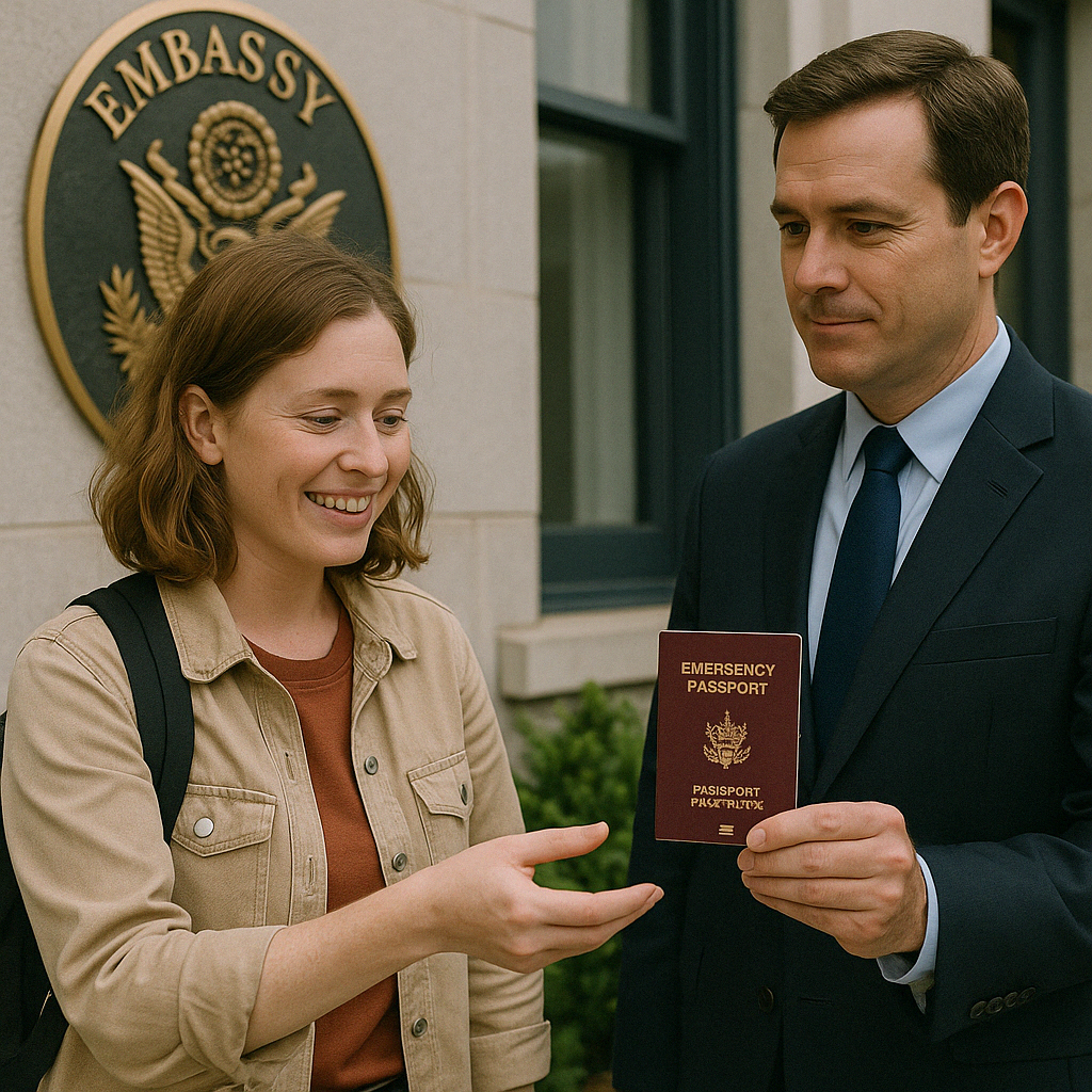 대사관 앞에서 임시 여권을 받는 장면