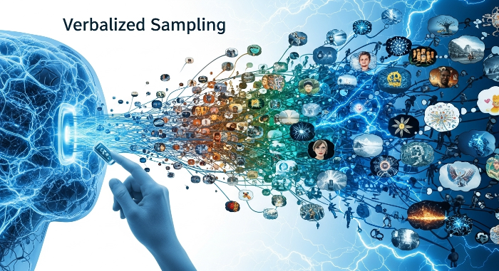 생성형 AI의 모드 붕괴를 해결하고 다양한 결과물을 생성하도록 유도하는 버벌라이즈드 샘플링 기법을 추상적으로 표현한 이미지. 다양한 색상과 형태로 분출되는 아이디어들을 보여줌.