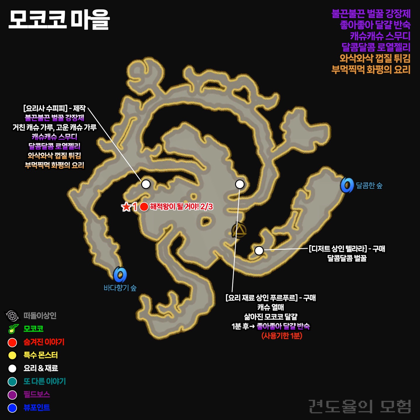 모코코 마을에서 모험의 서 요리인 불끈불끈 벌꿀 강장제, 좋아좋아 달걀 반숙, 캐슈캐슈 스무디, 달콤달콤 로열젤리, 와삭와삭 껍질 튀김, 부먹찍먹 화평의 요리를 만들 수 있습니다.