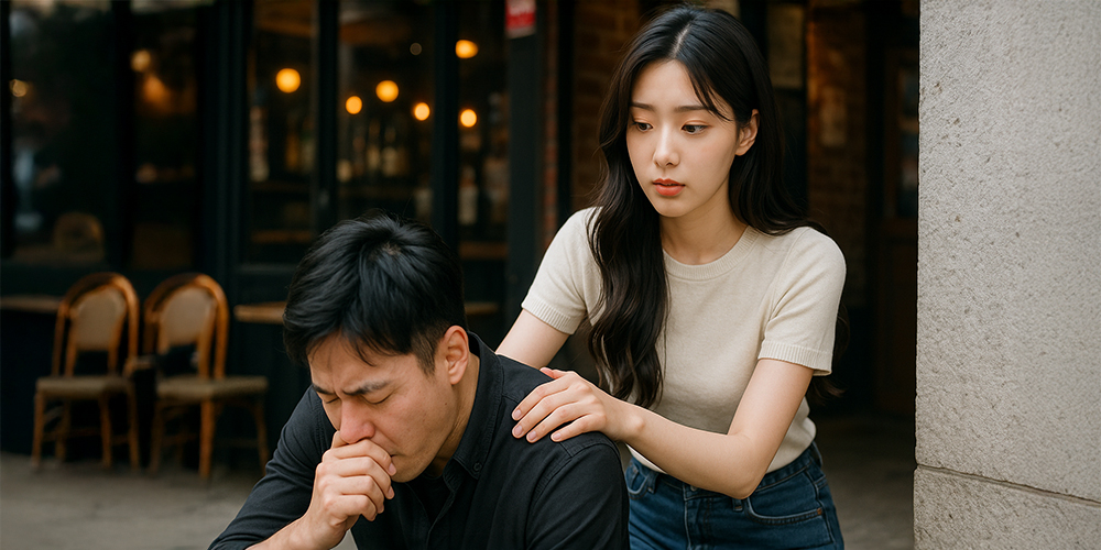 토 하는 사람 등 두드려주는 사람