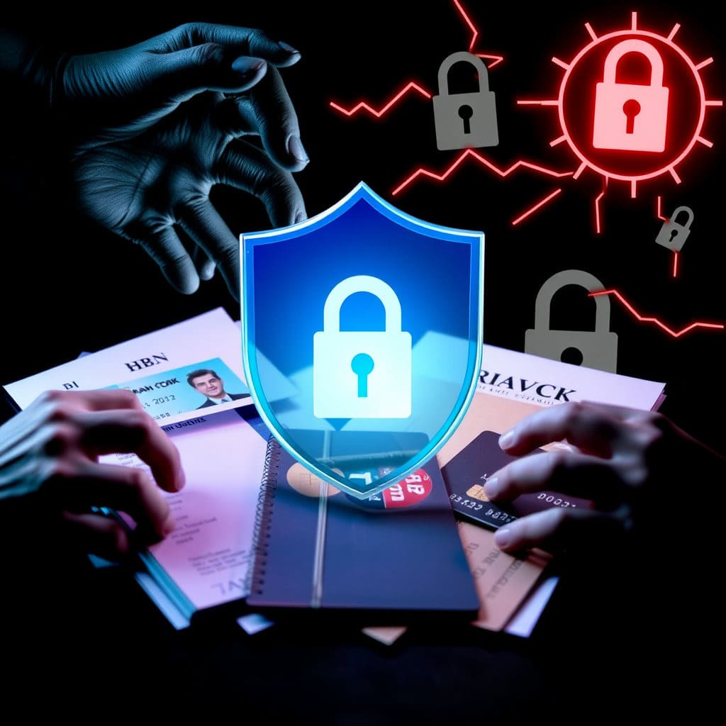 개인의 신분증, 통장, 카드 등 금융 정보를 상징하는 이미지 위에 투명하거나 푸른색의 보호막이 씌워져 있습니다. 보호막 밖에서는 해킹을 시도하거나 정보를 빼내려는 듯한 손길이나 추상적인 위협 요소(예: 붉은색 선, 깨진 자물쇠)가 보이지만, 보호막 때문에 접근하지 못하는 구도입니다. 서비스가 금융 정보 유출이나 명의 도용 시도를 효과적으로 차단함을 나타내는 상징적인 이미지입니다.