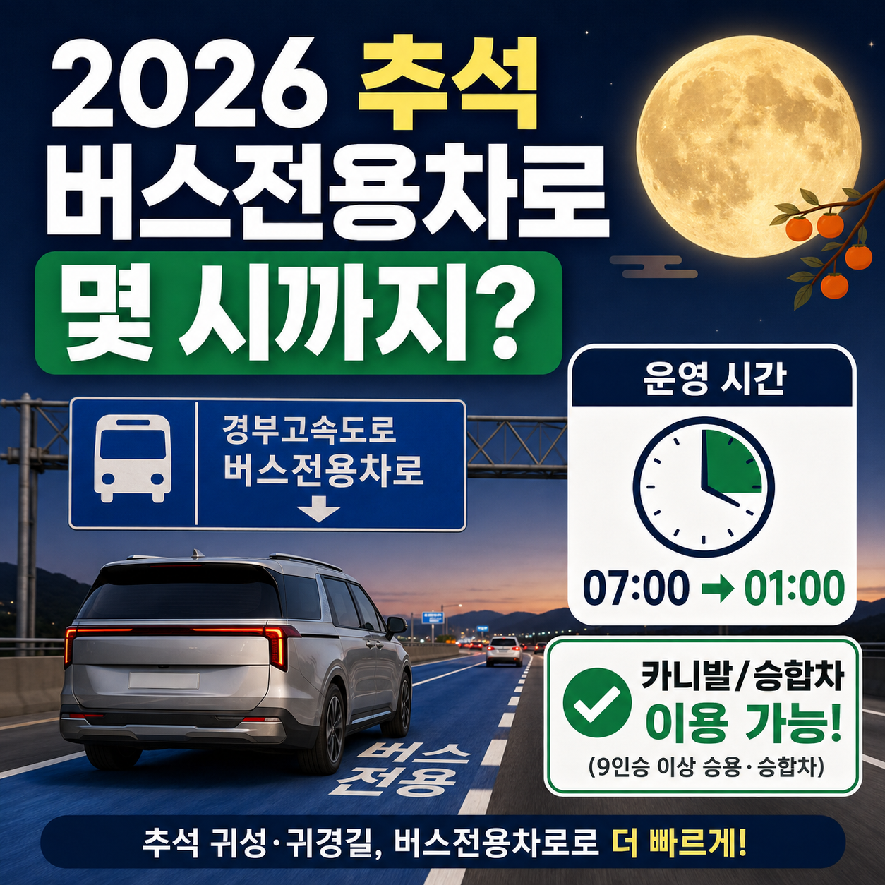 2026 추석 경부고속도로 버스전용차로 운영시간과 카니발 탑승 기준을 안내하는 이미지