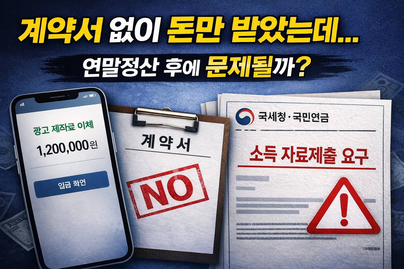 계약서 없이 받은 광고 제작료 이체 내역과 계약서 문서, 국세청 소득 자료 제출 요구 안내서를 함께 보여주는 이미지