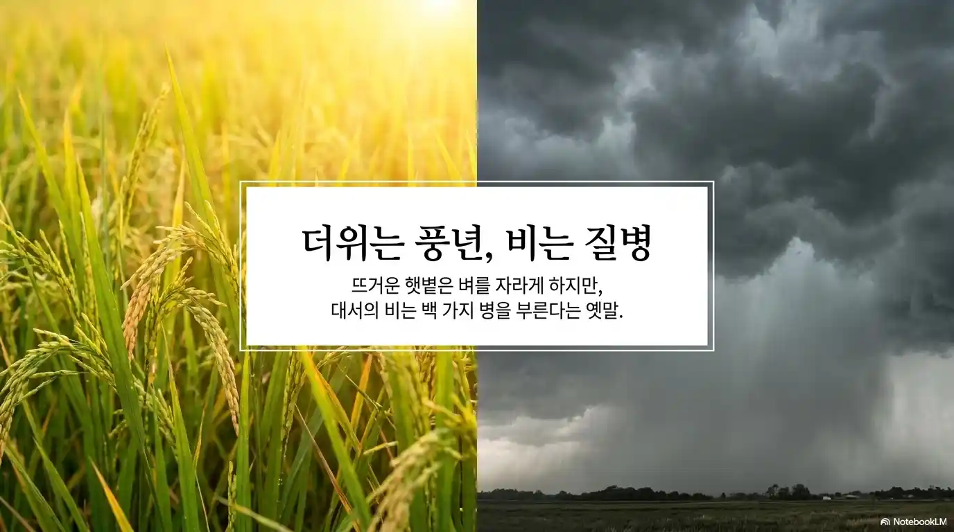대서 속담과 벼농사 풍년 및 여름 장마를 표현한 이미지