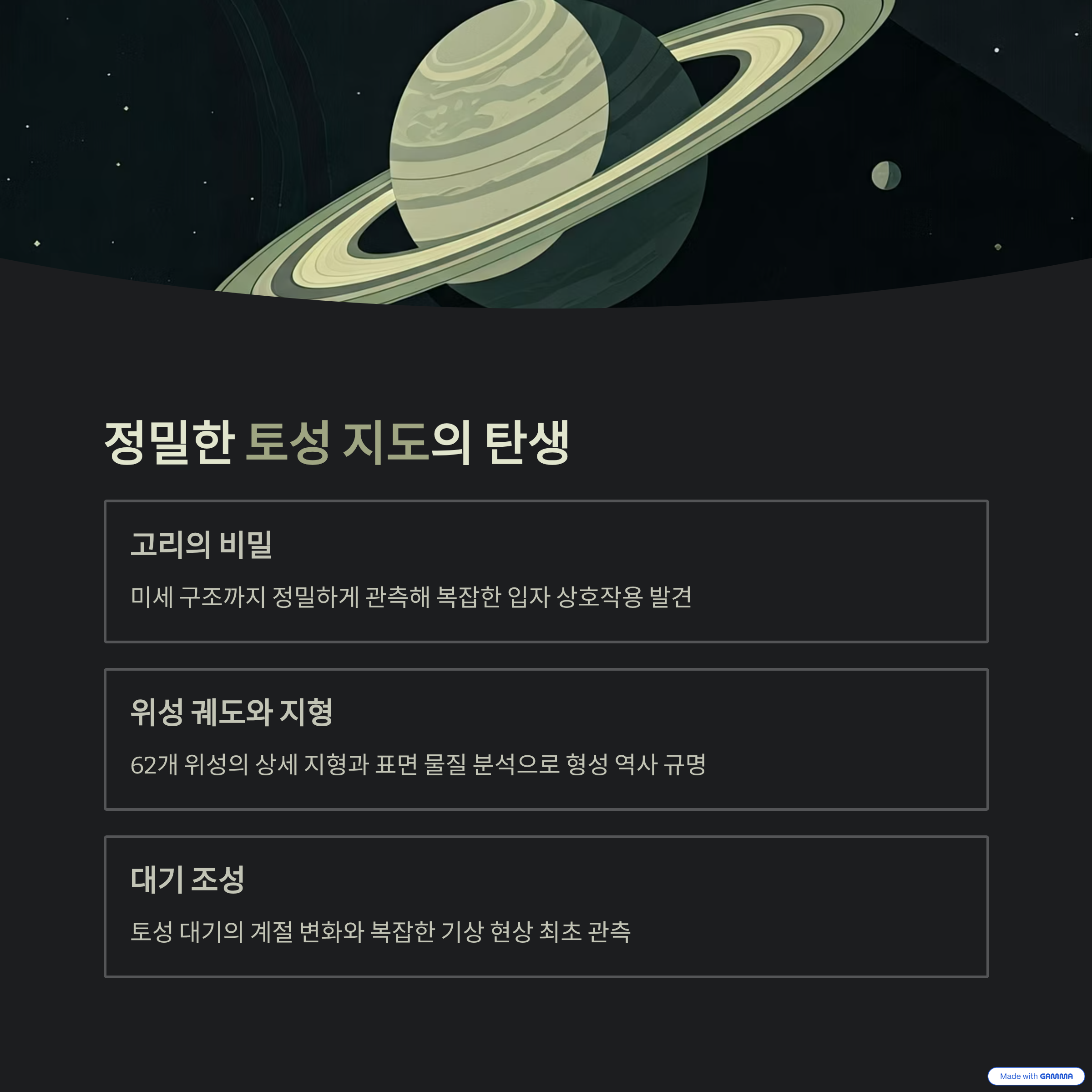 토성 시스템의 정밀 지도를 제작하며, 고리의 미세 구조와 위성 궤도, 표면 지형, 대기 조성을 상세히 규명했습니다.