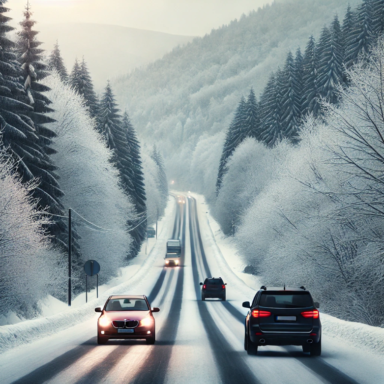 겨울 눈 내린 도로에 자동차가 다니는 장면