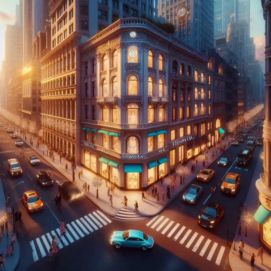 명품 브랜드인 티파니 Tiffany를 표현한 매장 앞 도로 모습