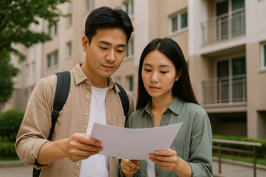 임대주택 계약 내용을 확인하는 젊은 부부의 모습