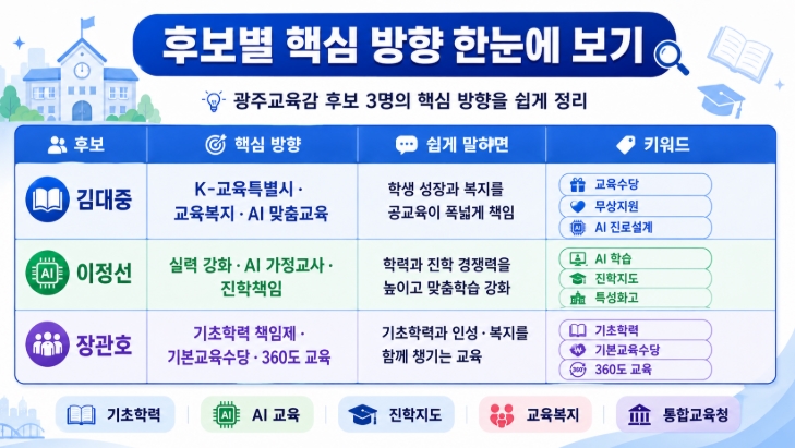 2026 광주특별시교육감 후보 공약 비교 김대중 이정선 장관호 핵심정리
