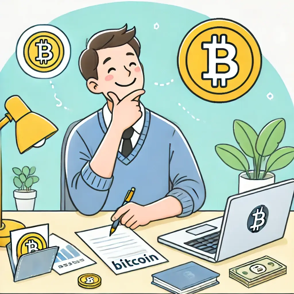 미소 지으며 비트코인 투자 계획을 세우는 남자의 모습