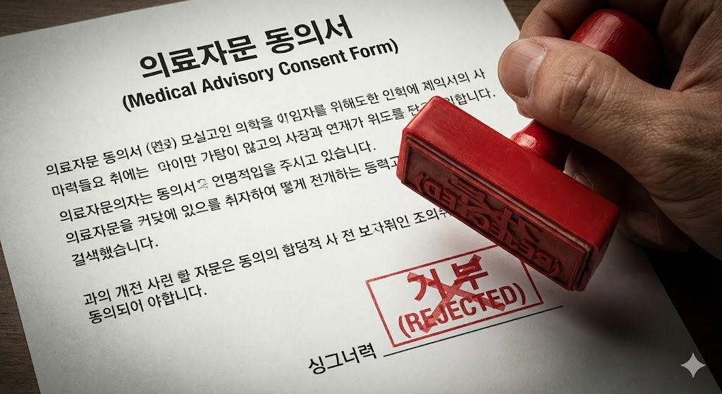 보험사 현장 조사 시 의료자문 동의서에 서명을 거부하는 이미지